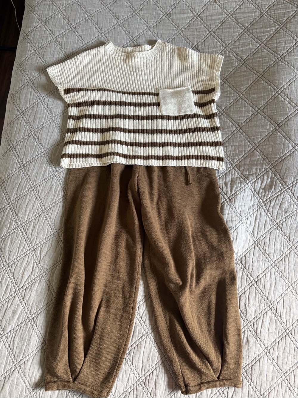 Roolee Olive green & White Striped Knit Shirt & Barrel Legged Pants Set